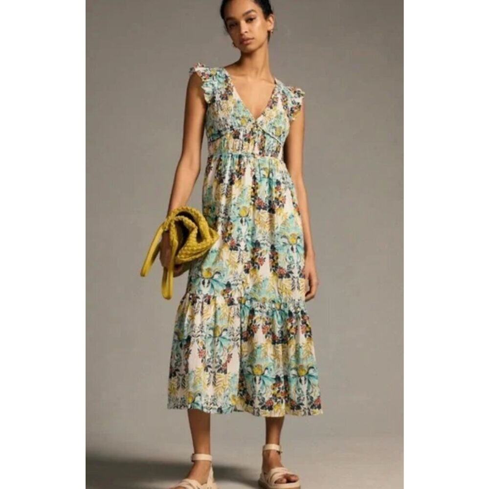Anthropologie Floral Tiered Midi Dress in Yellow, Blue, Cream